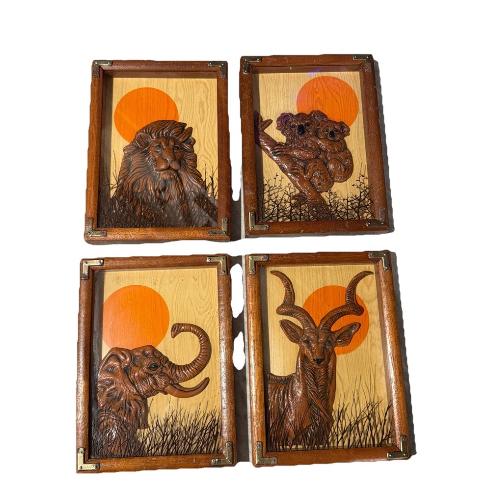 Vtg 1978 Wallace Berrie Animal Wood Art Set Of Four 3D 7.5"x5.5" Shadow Box